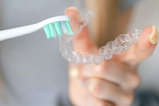 Person using toothbrush to clean Invisalign aligner