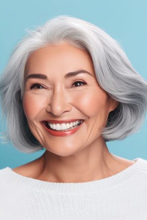 Smiling gray-haired woman with perfect teeth
